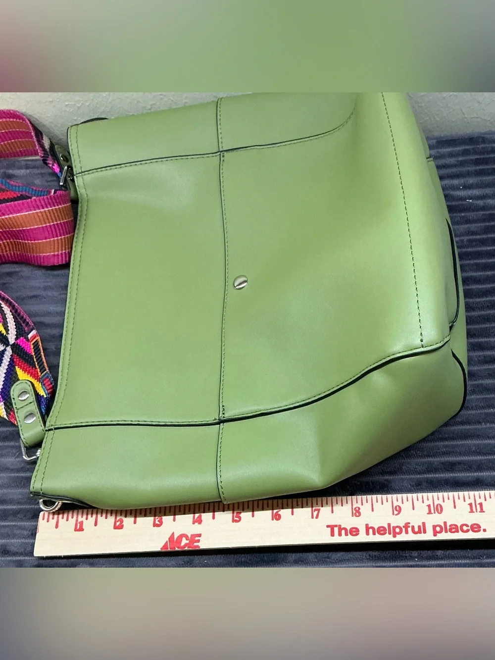 NWOT Bromen Vegan Leather Hobo Bucket Bag  Purse Green Multi Color Guitar Strap
